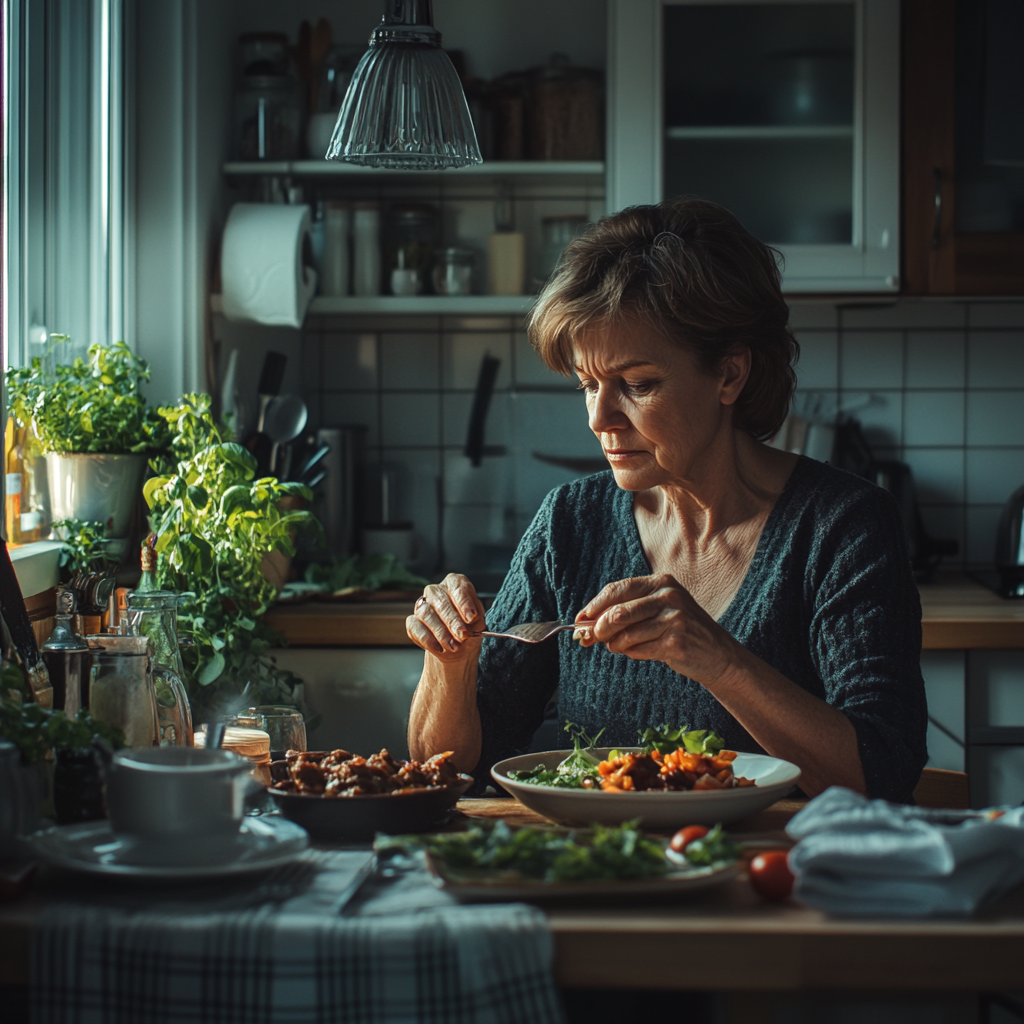 A woman eating her meal | Source: Midjourney