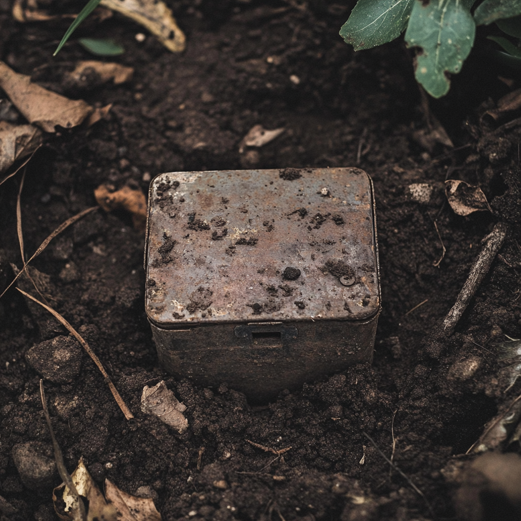 An old metal box lying buried in the soil in a garden | Source: Midjourney