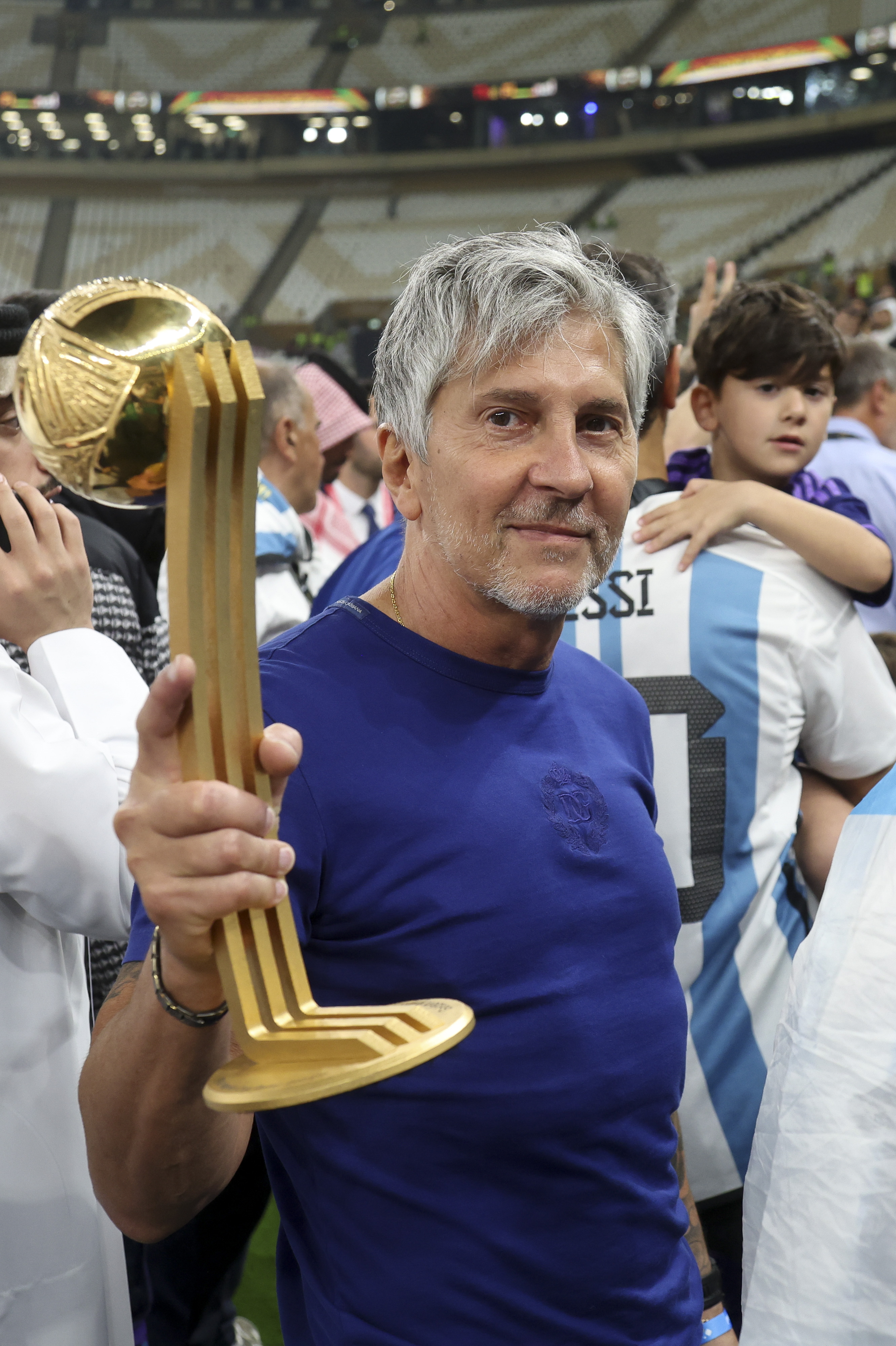 Jorge Messi, father and agent of Lionel Messi, holding his son's trophy of "Best player of the World Cup" following the FIFA World Cup Qatar 2022 Final match between Argentina and France at Lusail Stadium on December 18 in Lusail City, Qatar. | Source: Getty Images
