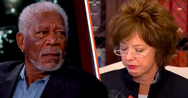 Morgan Freeman pictured on "Jimmy Kimmel Live" in 2016 [Left] Demaris Meyer during a press conference about the accident in 2009 [Right]. | Photo: YouTube/Jimmy Kimmel Live &  YouTube/AP Archive 