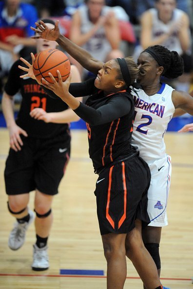 Leslie Robinson #45 of the Princeton Tigers with the ball during a women's college basketball game against the American University Eagles at Bender Arena on November 23, 2014 in Washington, DC. | Source: Getty Images.