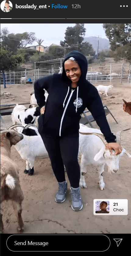 Shante Broadus posing with a group of goats inside a fence in October 2020. I Image: Instagram/ bosslady_ent