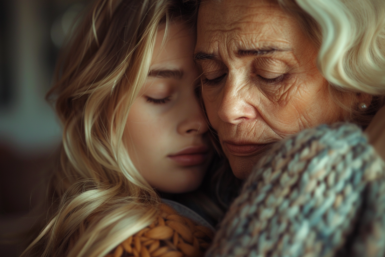 A young woman hugging her grandmother | Source: Midjourney