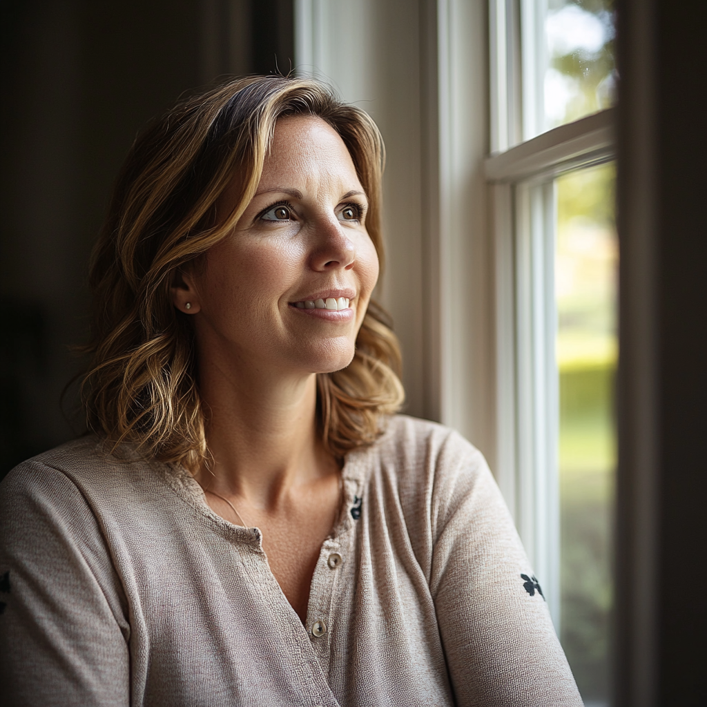 A smiling woman staring out the window | Source: Midjourney