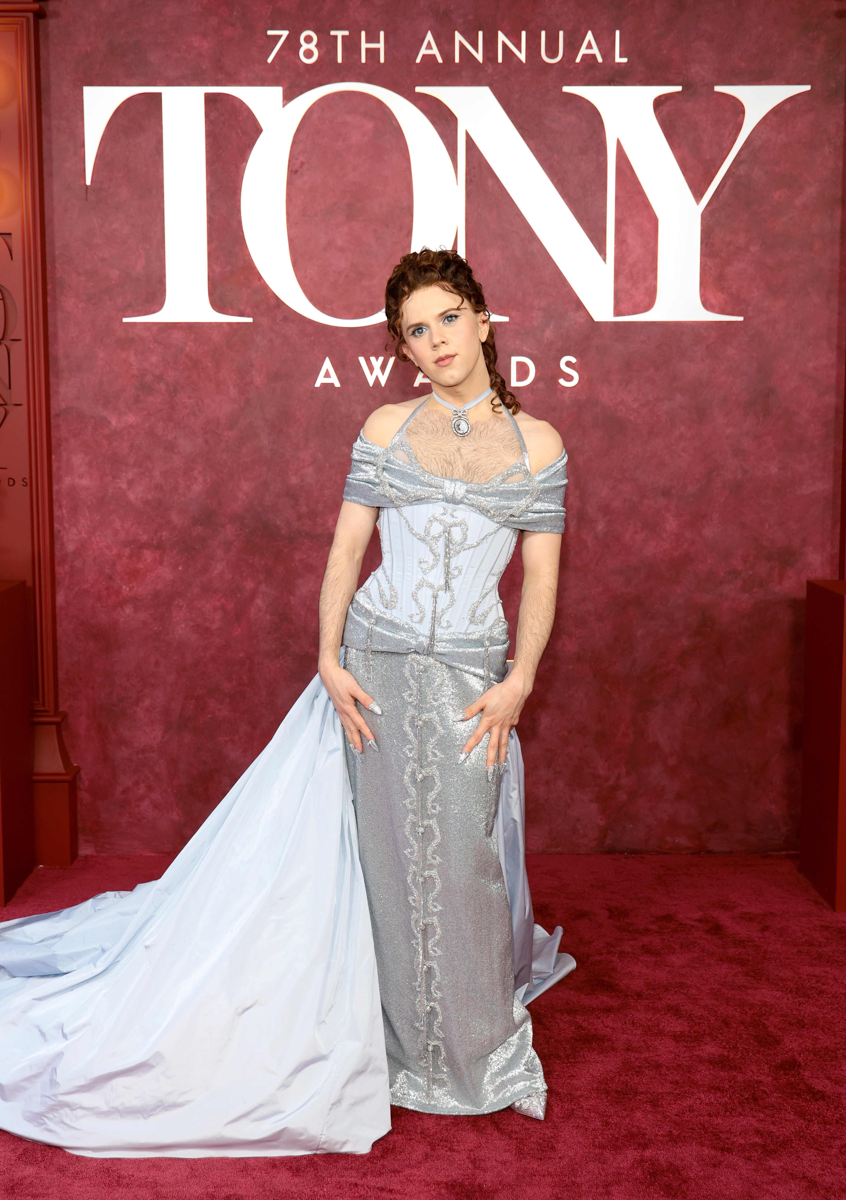Cole Escola looking like a princess in their silver dress on the red carpet of the Tony Awards held at Radio City Music Hall in New York City on June 8, 2025.