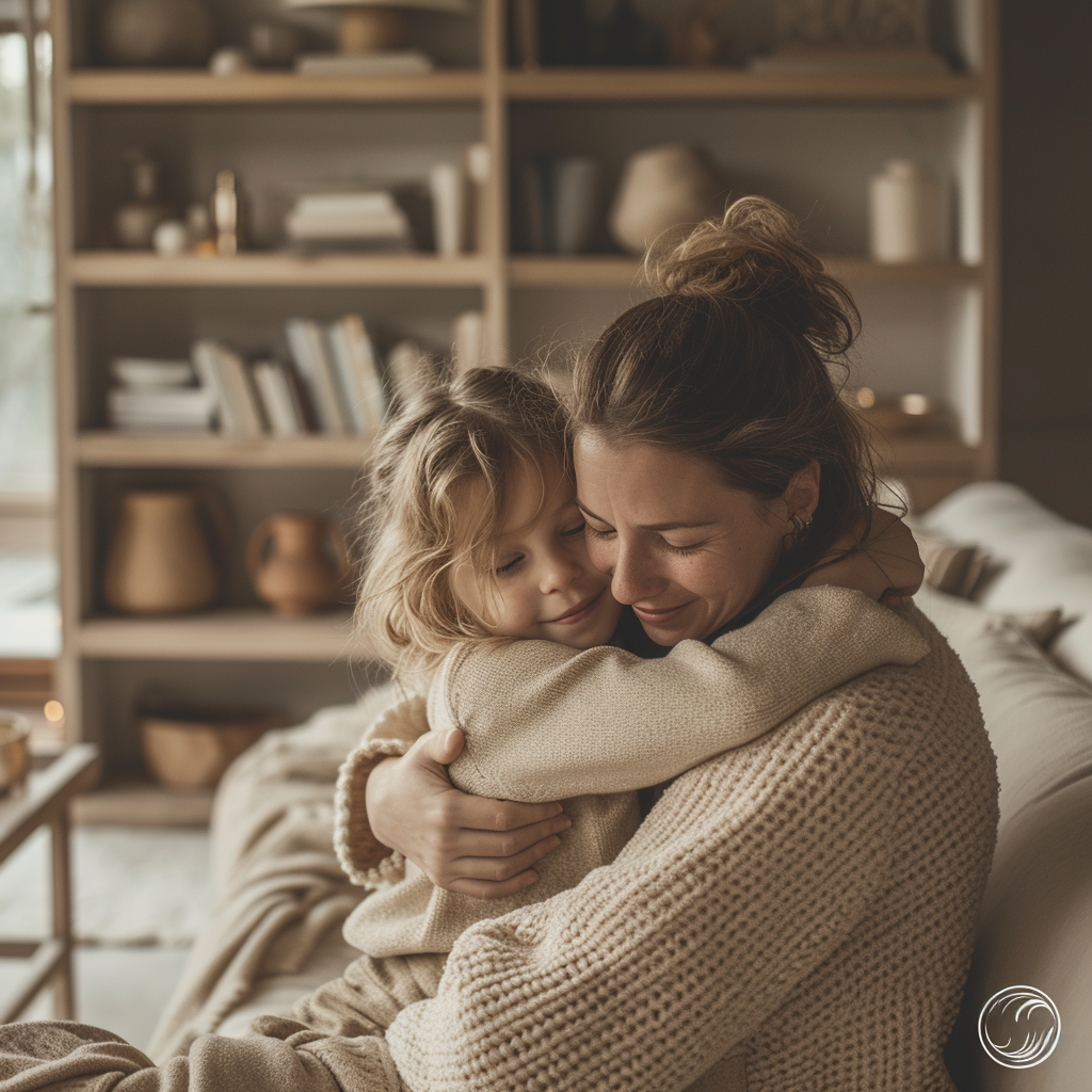 A woman hugging her little daughter | Source: Midjourney