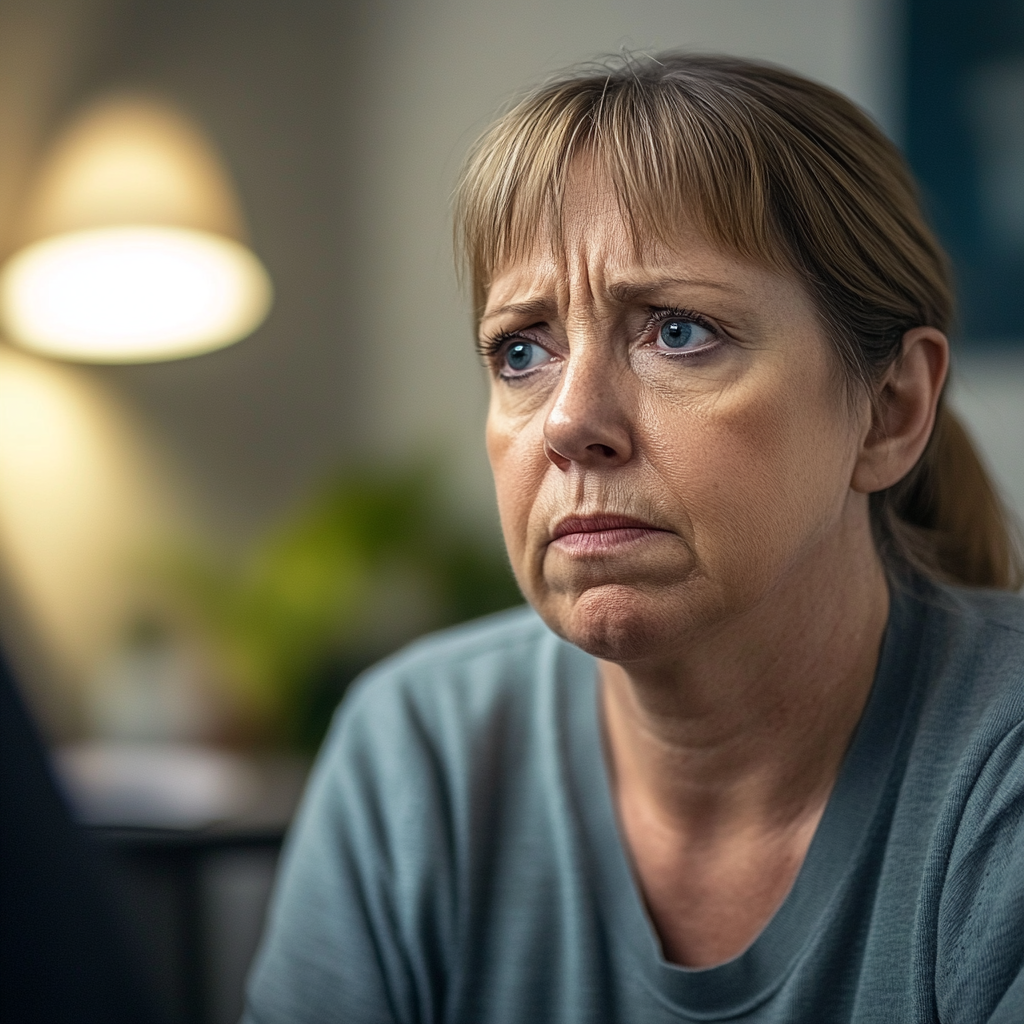 A closeup of a sad and worried woman sitting in a lawyer's office | Source: Midjourney