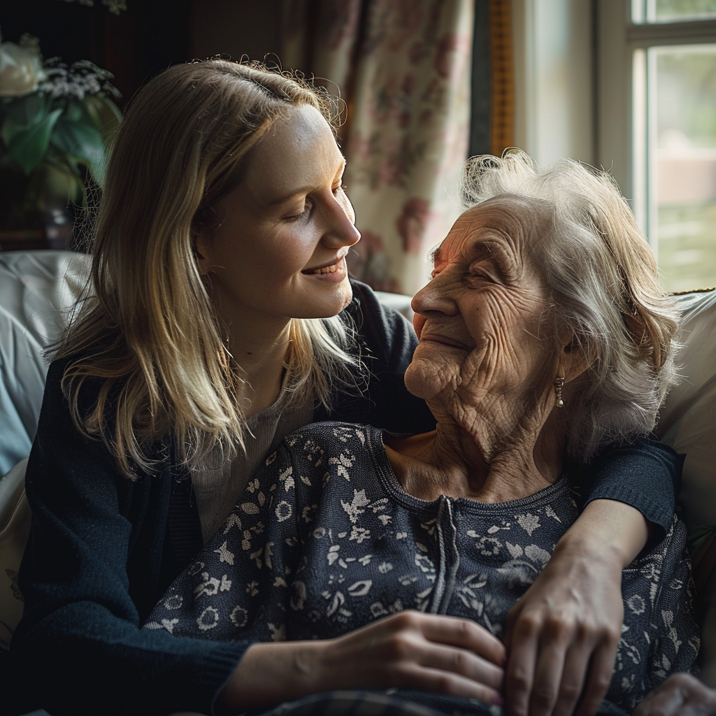 A woman comforting her ailing mother | Source: Midjourney