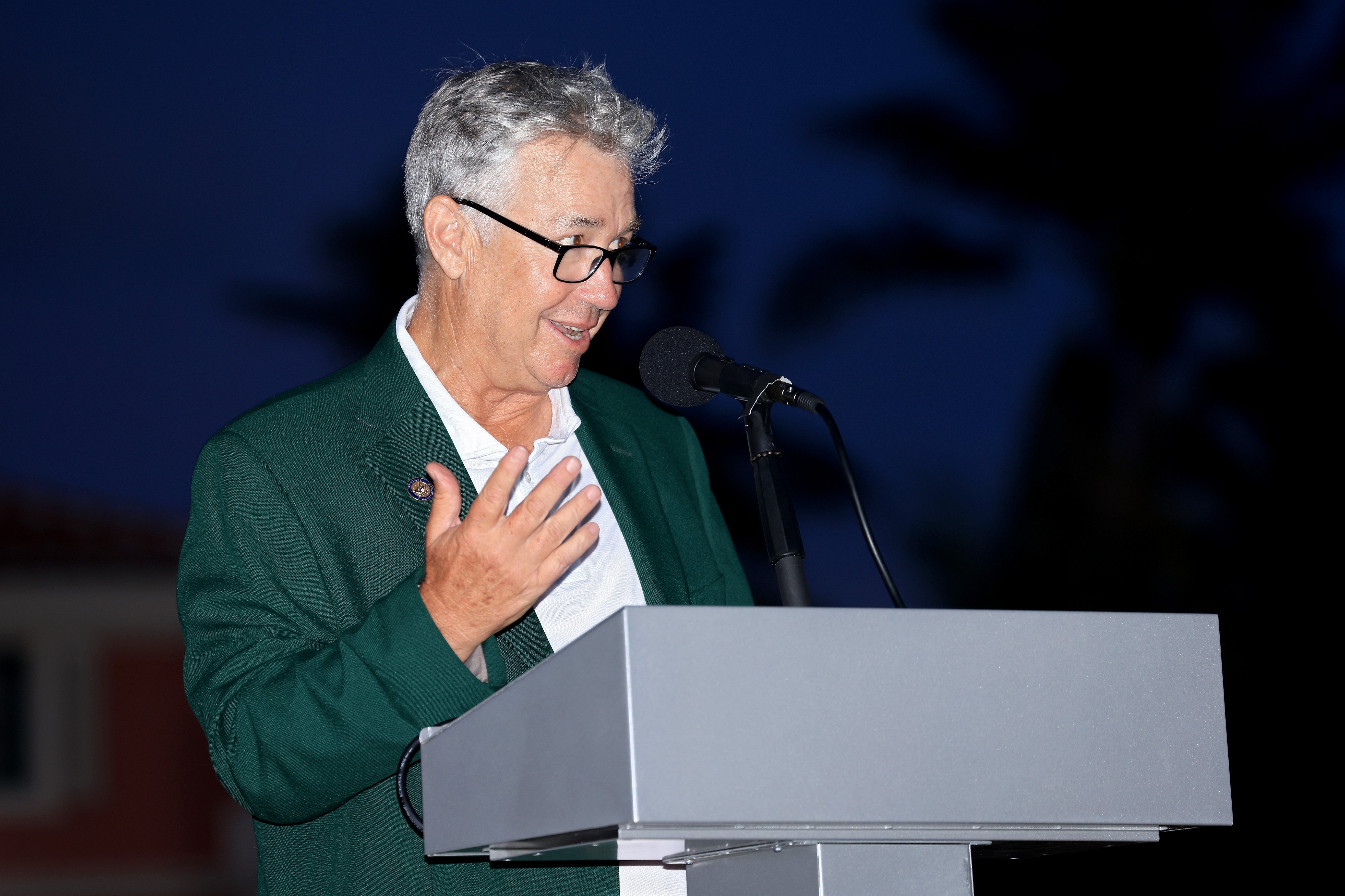  Captain Nathaniel Crosby speaks to the crowd during closing ceremonies on Day Two of The Walker Cup at Seminole Golf Club on May 09, 2021 in Juno Beach, Florida. | Source: Getty Images