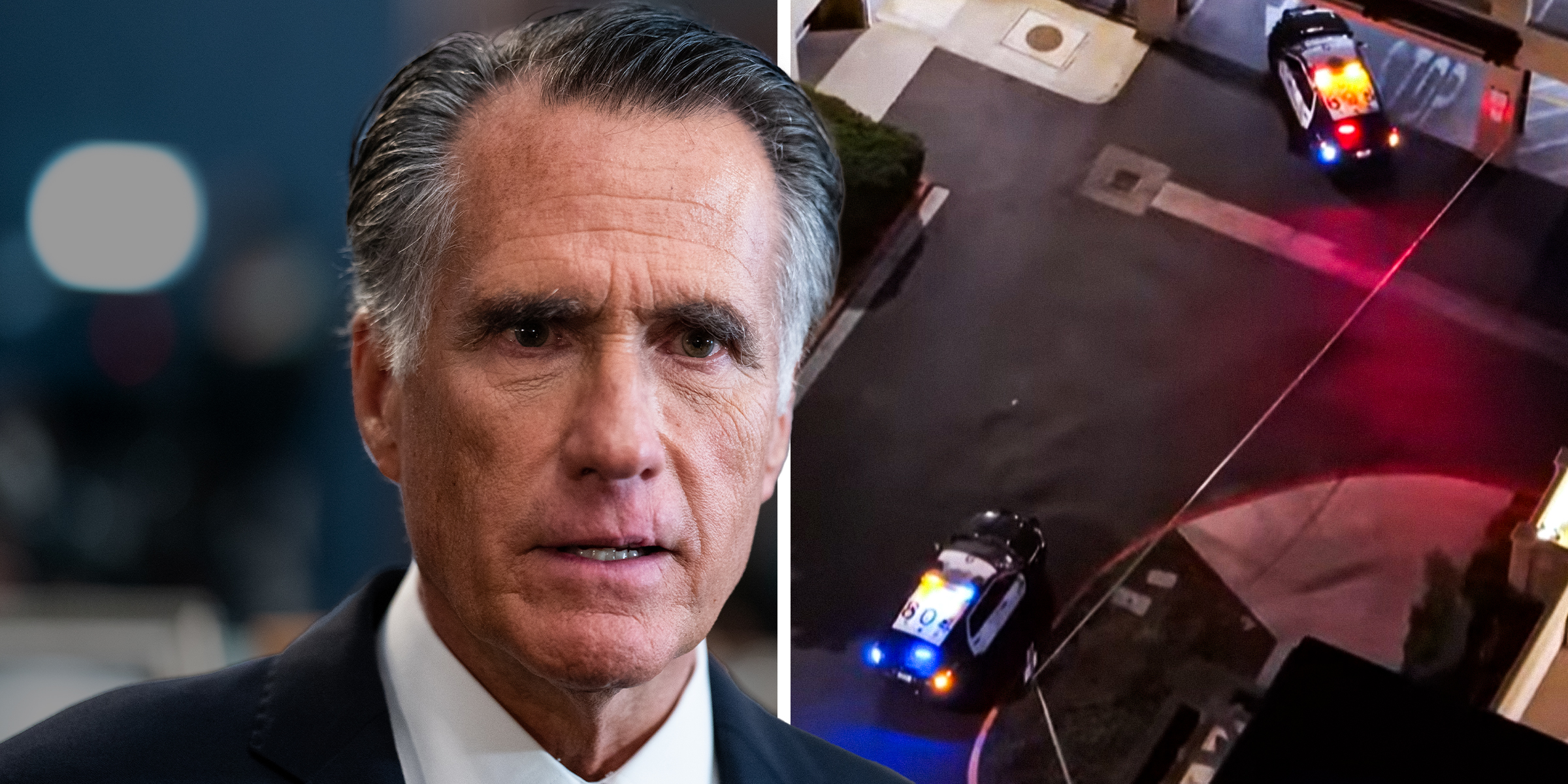 Former U.S. Senator Mitt Romney | Police cars in a parking garage. | Sources: Getty Images | YouTube/ktlathecw