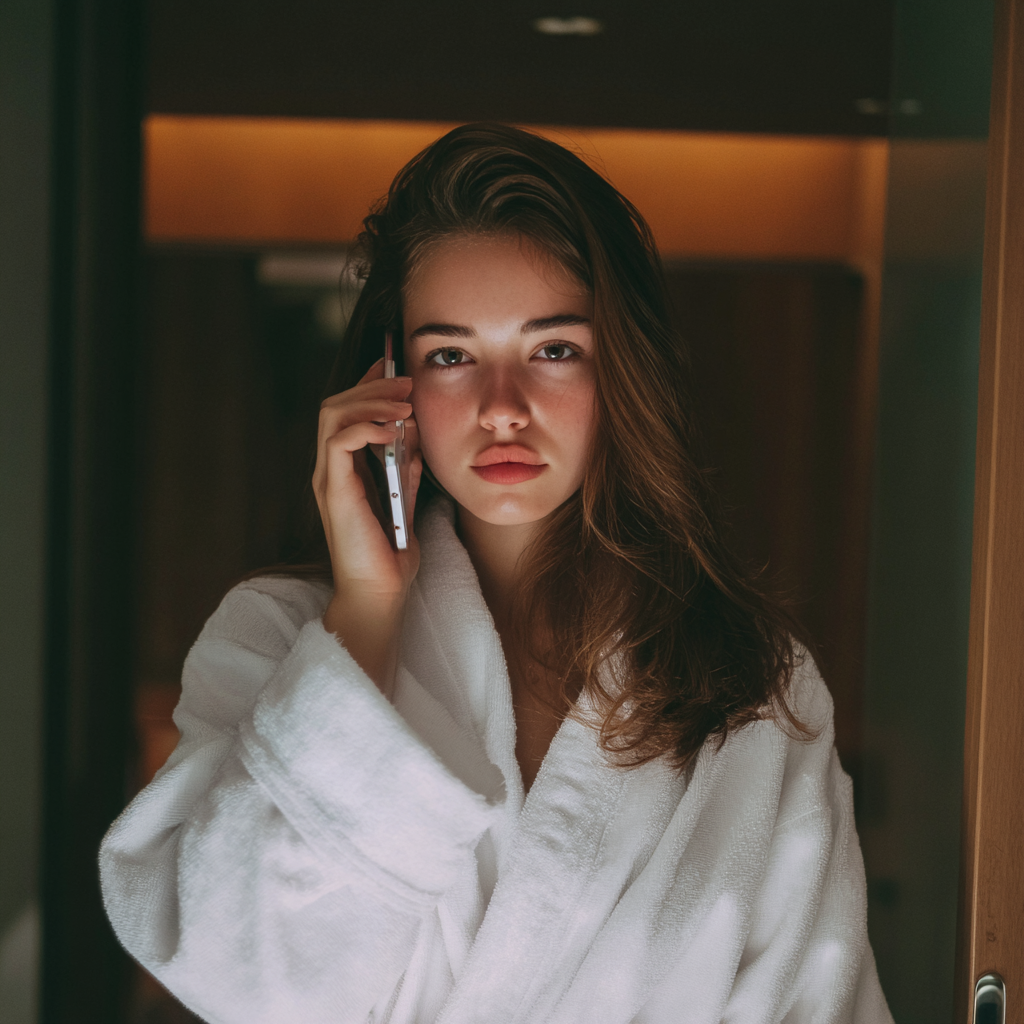 A young woman wearing a white robe and talking on the phone | Source: Midjourney