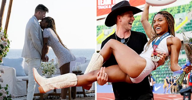 Tara Davis, wins second place in the Women's Long Jump Final, celebrates with boyfriend and Paralympian Hunter Woodhall at Hayward Field on June 26, 2021 in Eugene, Oregon, the first snap shows the happy couple on their romantic getaway | Photo: Getty Images