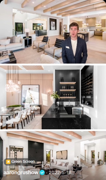 The home's open-concept living and dining areas feature natural wood accents and contemporary finishes throughout. | Source: TikTok/aarongrushow