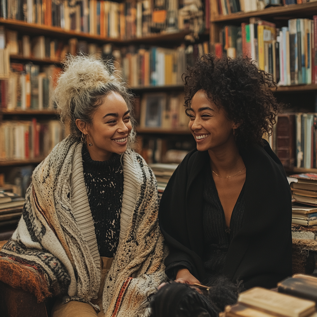 Two excited women talking in a library | Source: Midjourney