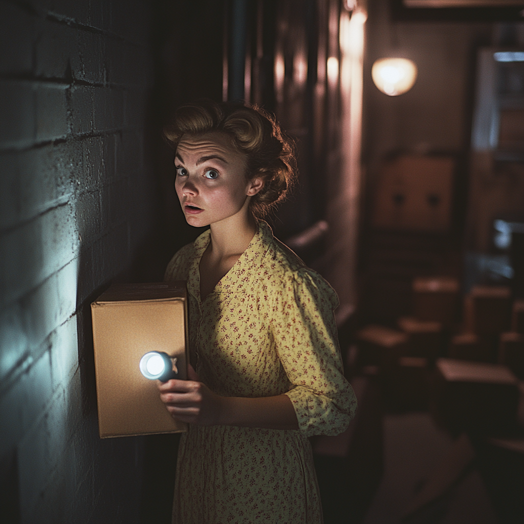 A woman moving boxes in a basement | Source: Midjourney