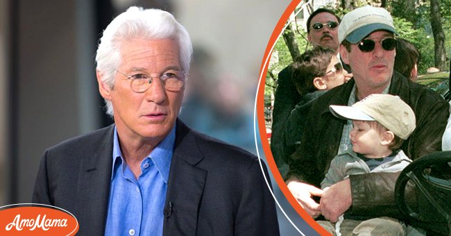 Richard Gere speaking in an interview on April 13, 2017 [left], Richard Gere and his son Homer James Jigme Gere at the "Kids for Kids" Carnival on April 29, 2001 [right] | Source: Getty Images