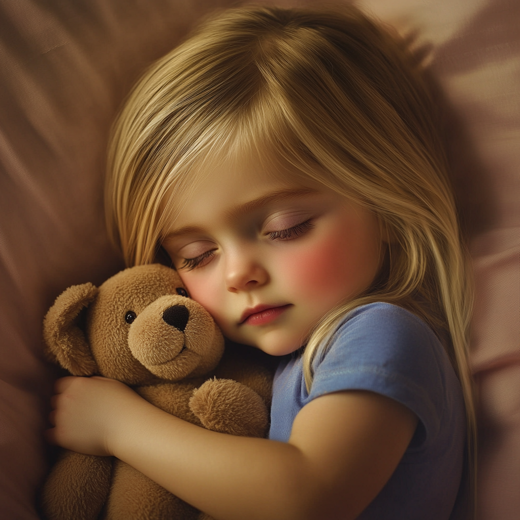 A little girl hugging her teddy bear while sleeping | Source: Midjourney