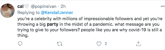 A comment on the issue of Kendall Jenner throwing a party during a pandemic. | Photo: Twitter  