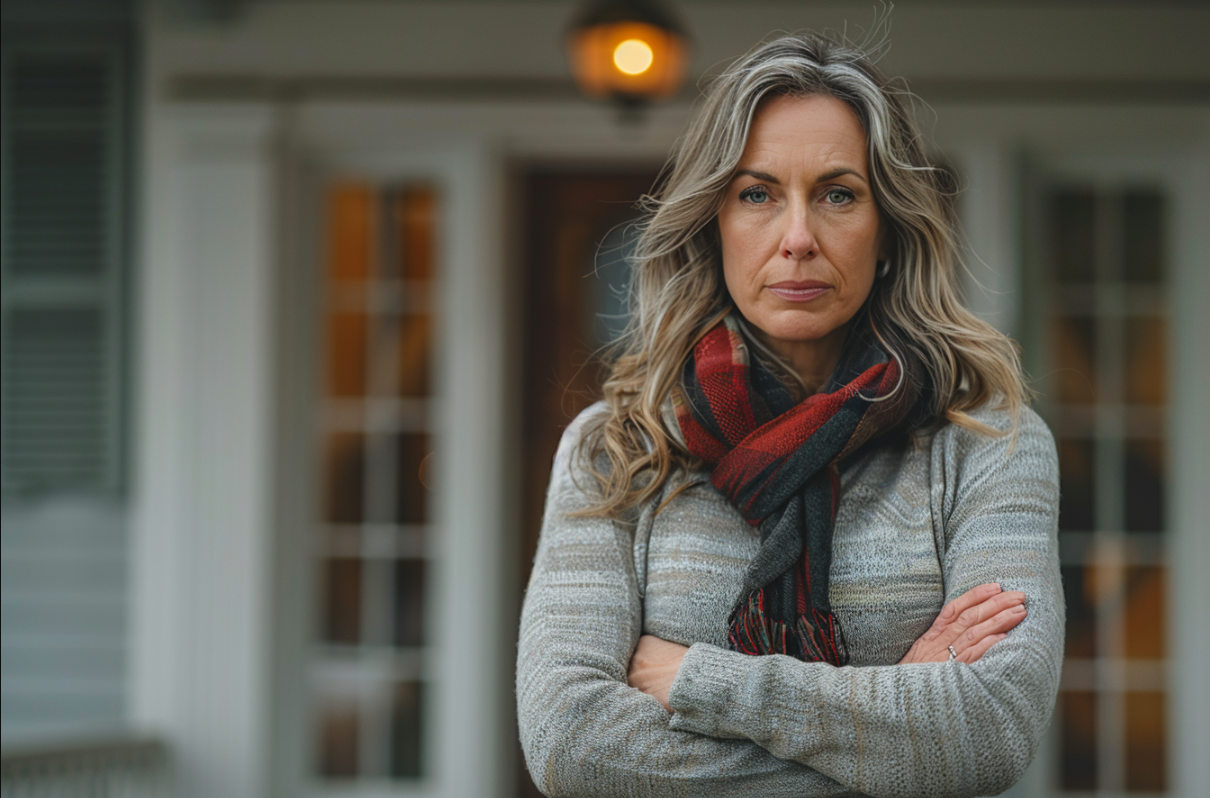 An angry woman standing outside her home | Source: Midjourney