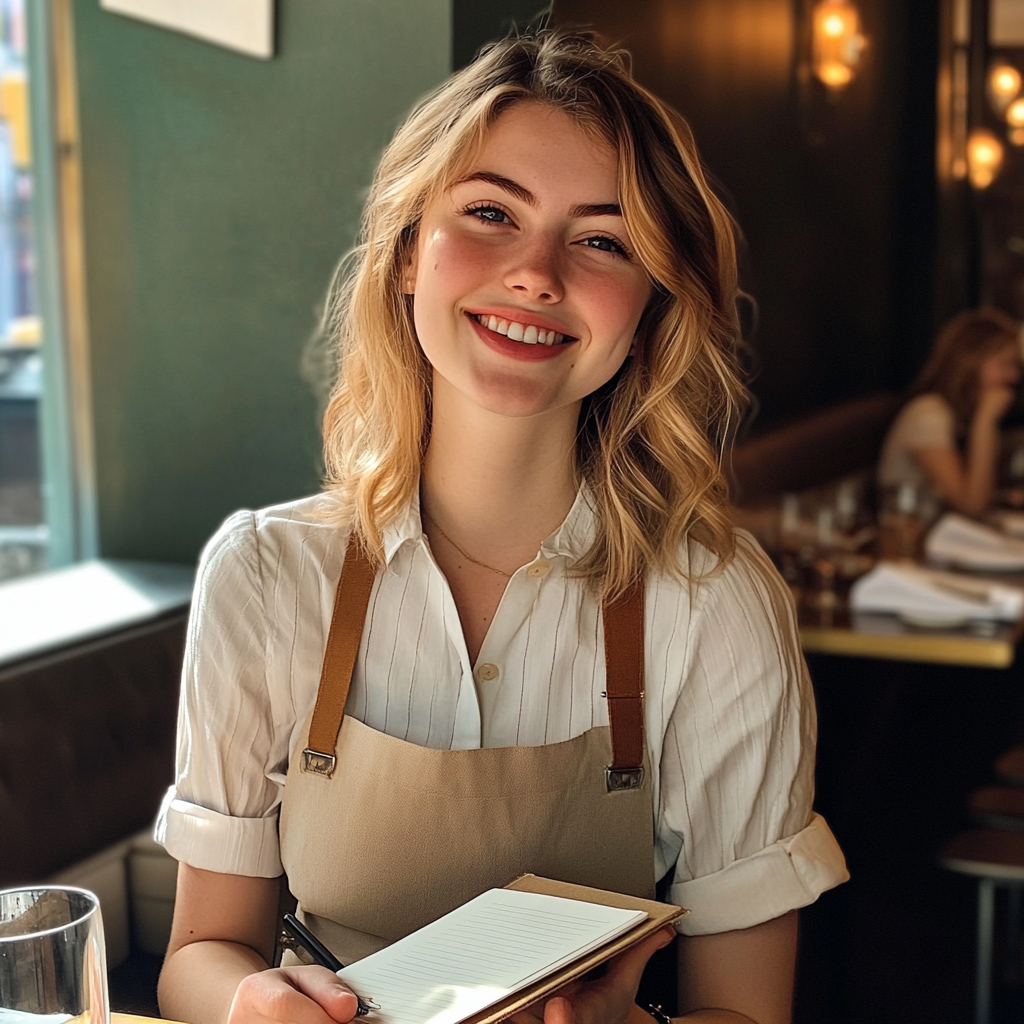 A waitress holding a notebook | Source: Midjourney