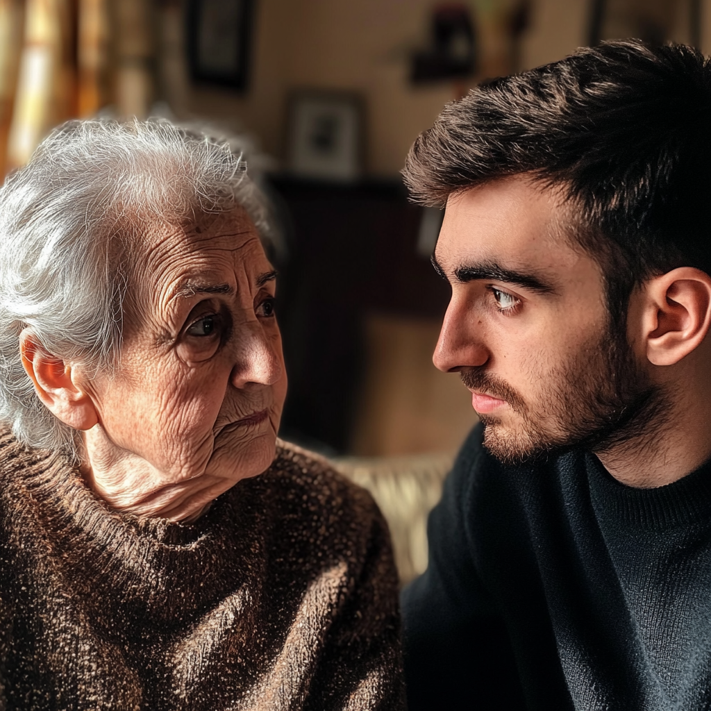 Um homem conversando com sua mãe triste | Fonte: Midjourney