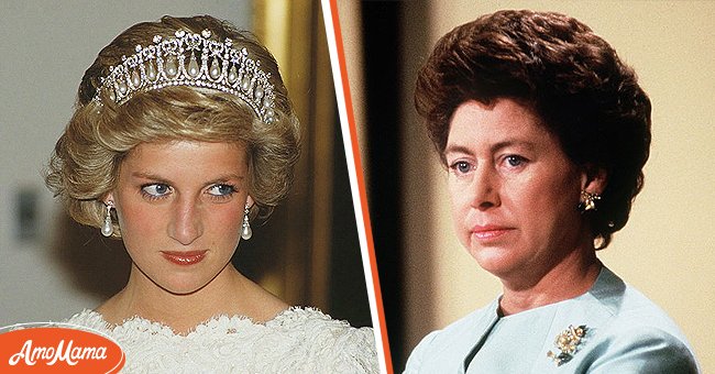 Diana, Prinzessin von Wales, nahm im November 1985 an einem Abendessen in der britischen Botschaft in Washington teil [links]; Prinzessin Margaret überreichte Preise bei "Champion Children" einer BBC Show [rechts] | Quelle: Getty Images