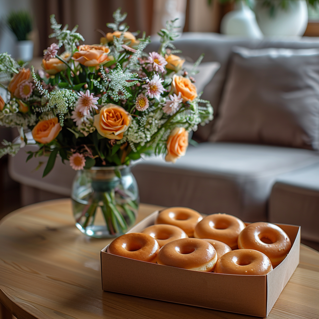 A flower vase and a box of donuts lying on a table | Source: Midjourney