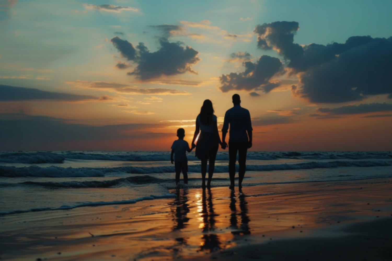 Silhouette of a happy and peaceful family at the beach | Source: Midjourney