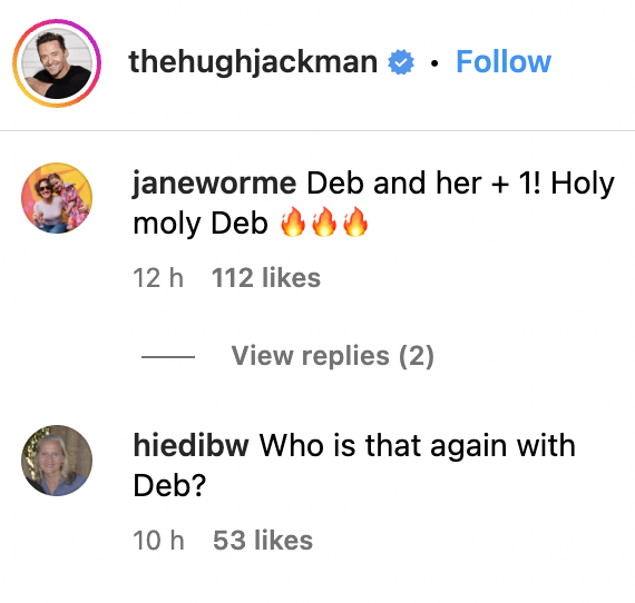 Fan comments on Hugh Jackman's post of him and his wife, Deborra-Lee Furness, all dressed up for the Met Gala on May 1, 2023 | Source: Instagram/thehughjackman
