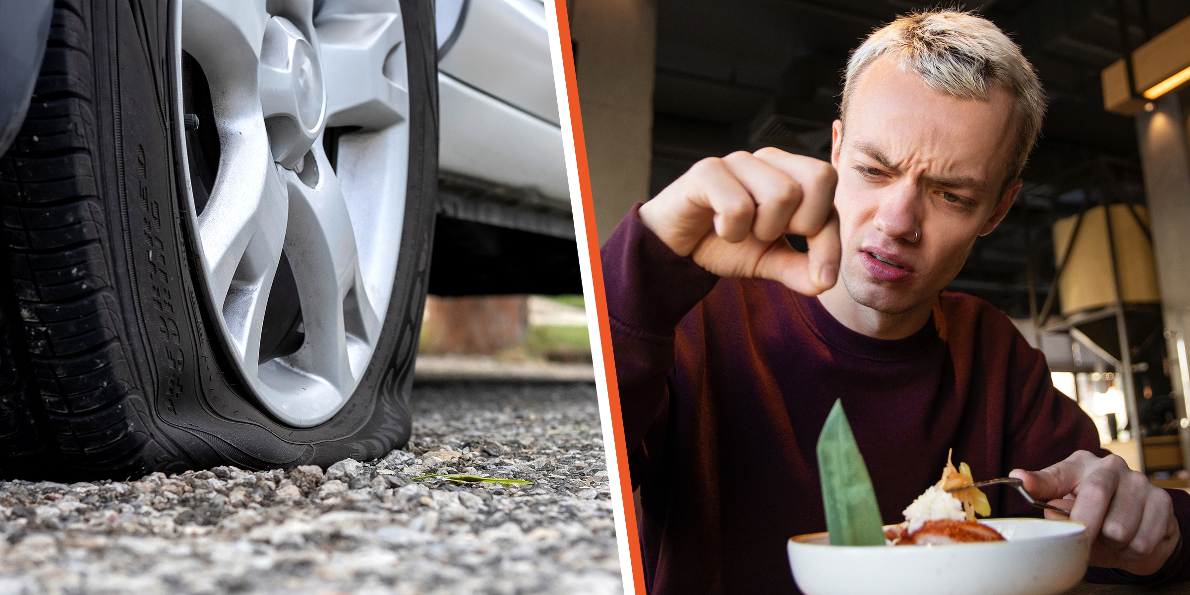 A flat tire & a person removing a strand of hair from his meal | Source: Shutterstock