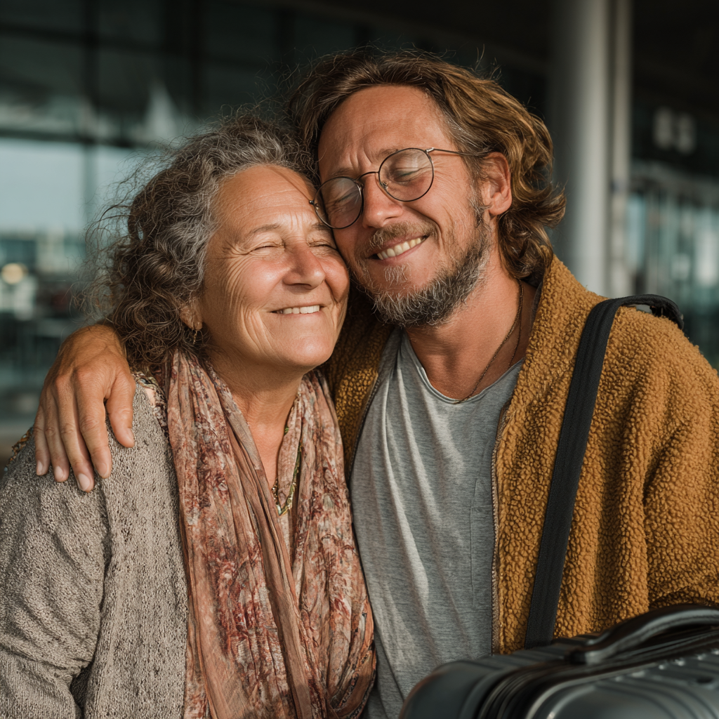 A mother and son hugging at the airport | Source: Midjourney