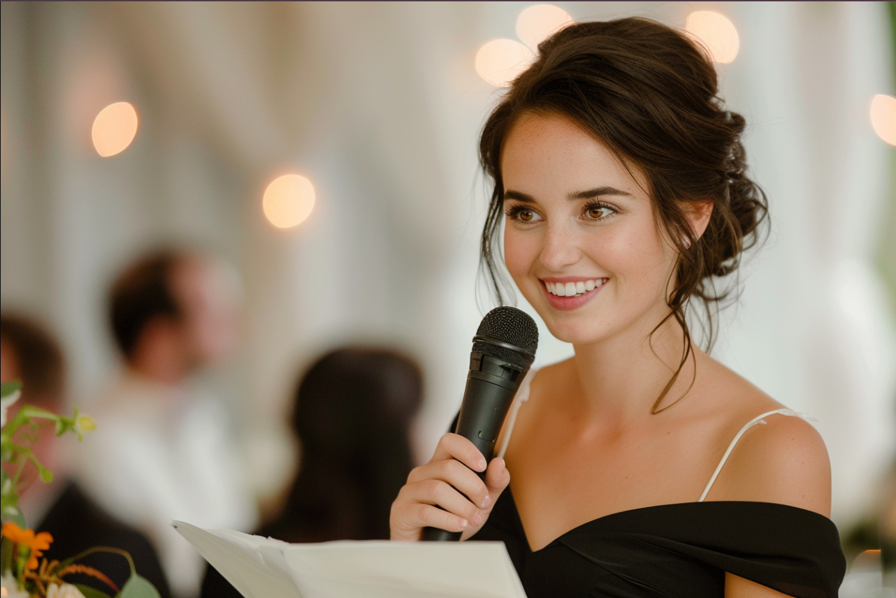 Woman giving a speech at a wedding | Source: MidJourney