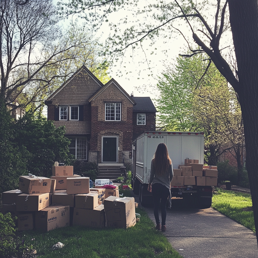 A woman standing in her driveway with boxes | Source: Midjourney