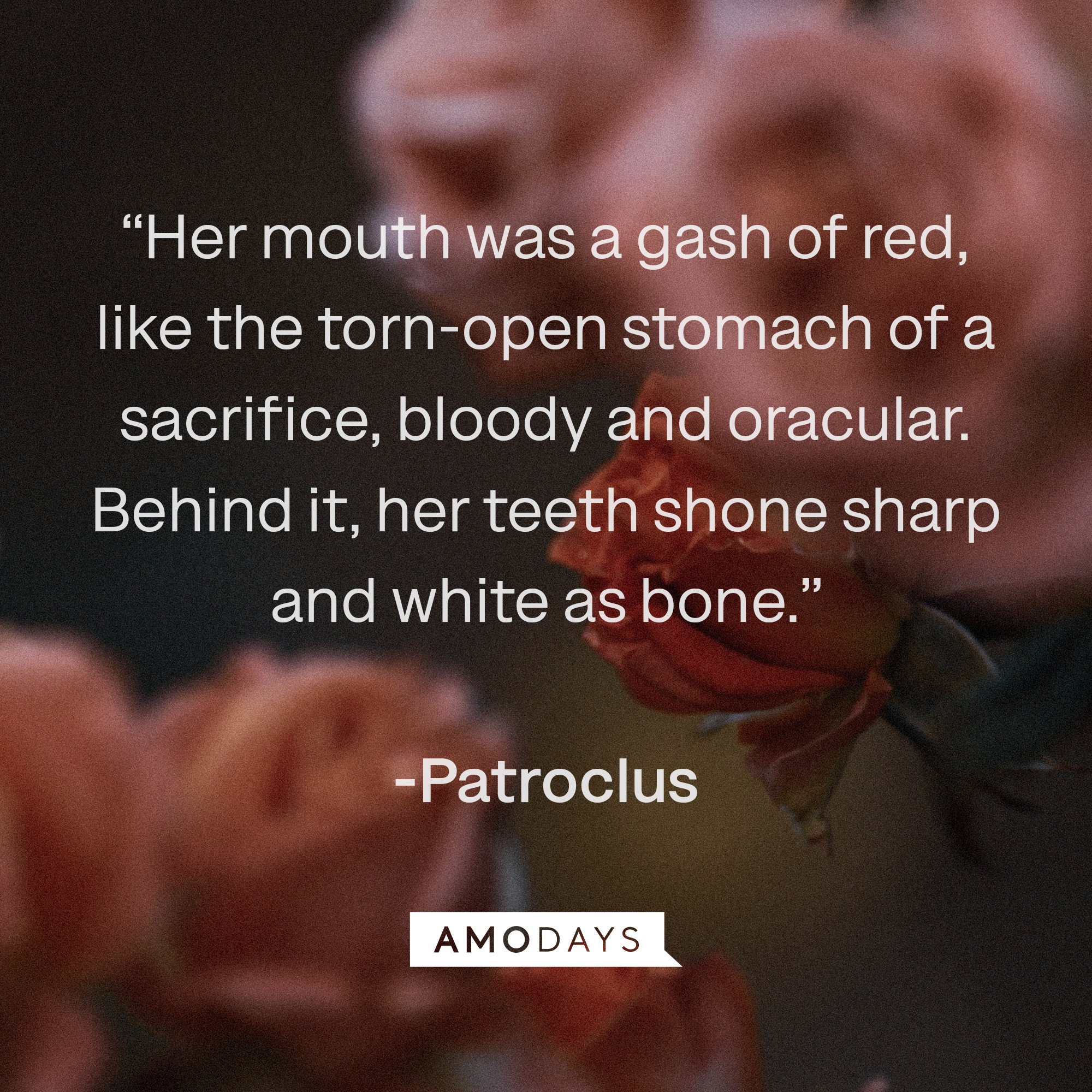  Patroclus's quote: “Her mouth was a gash of red, like the torn-open stomach of a sacrifice, bloody and oracular. Behind it, her teeth shone sharp and white as bone.” | Image: AmoDays