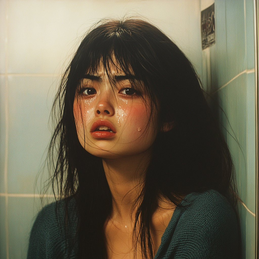 A teary-eyed woman in a restroom | Source: Midjourney