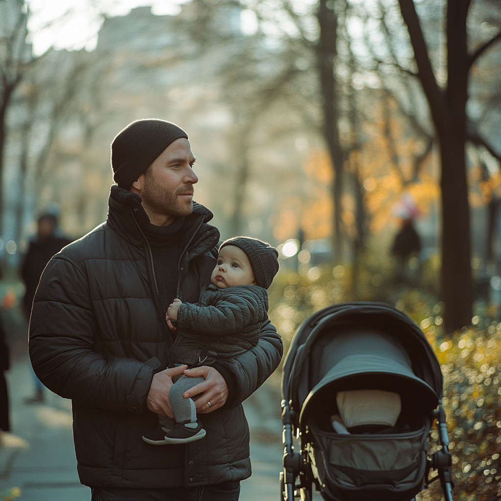 A man carrying a baby while pushing a stroller | Source: Midjourney