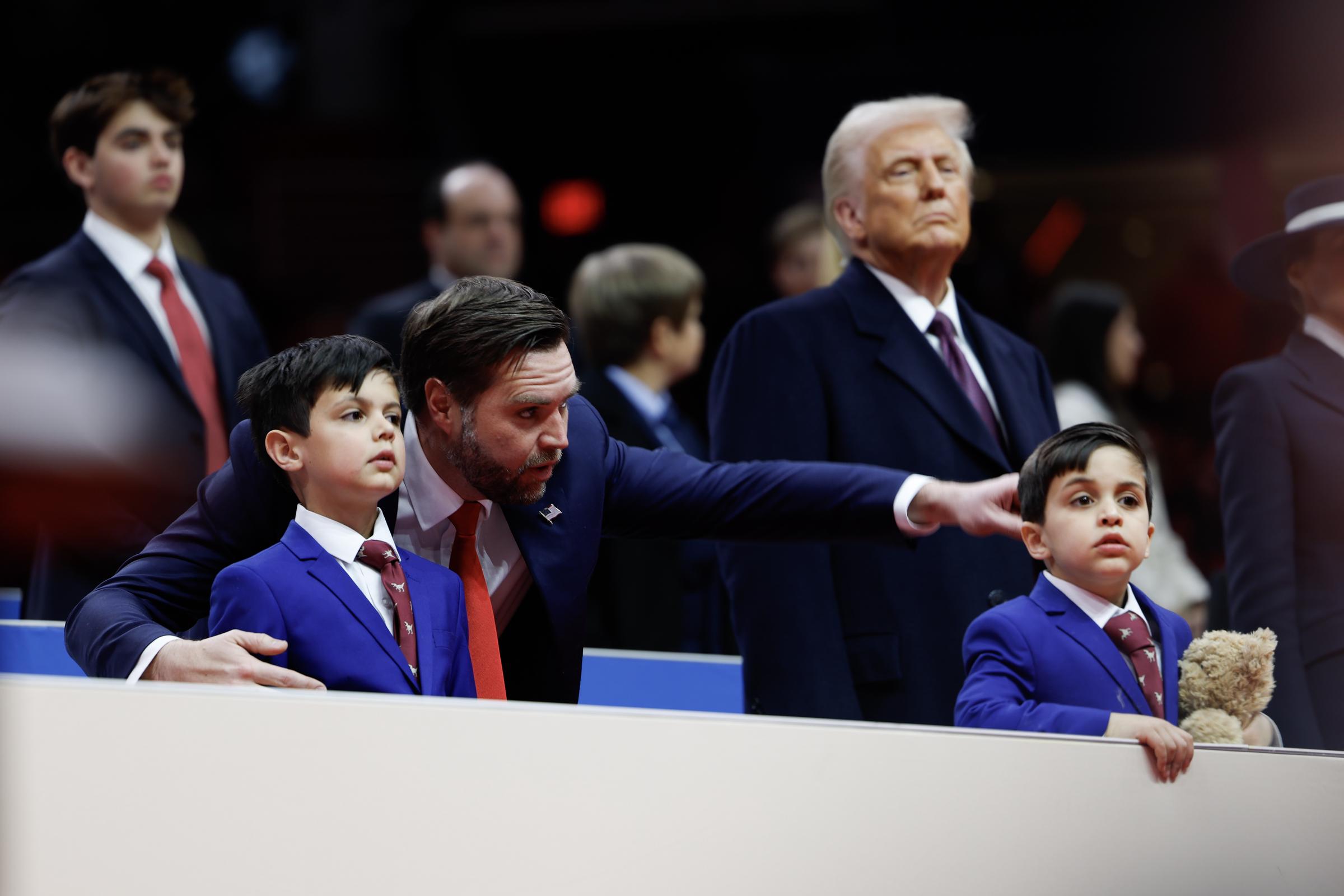 The boys were seen with their father following the election results. At this event, U.S. Vice President J.D. Vance watched with his children, Ewan and Vivek, during an indoor inauguration parade at Capital One Arena on January 20, 2025, in Washington, D.C. | Source: Getty Images