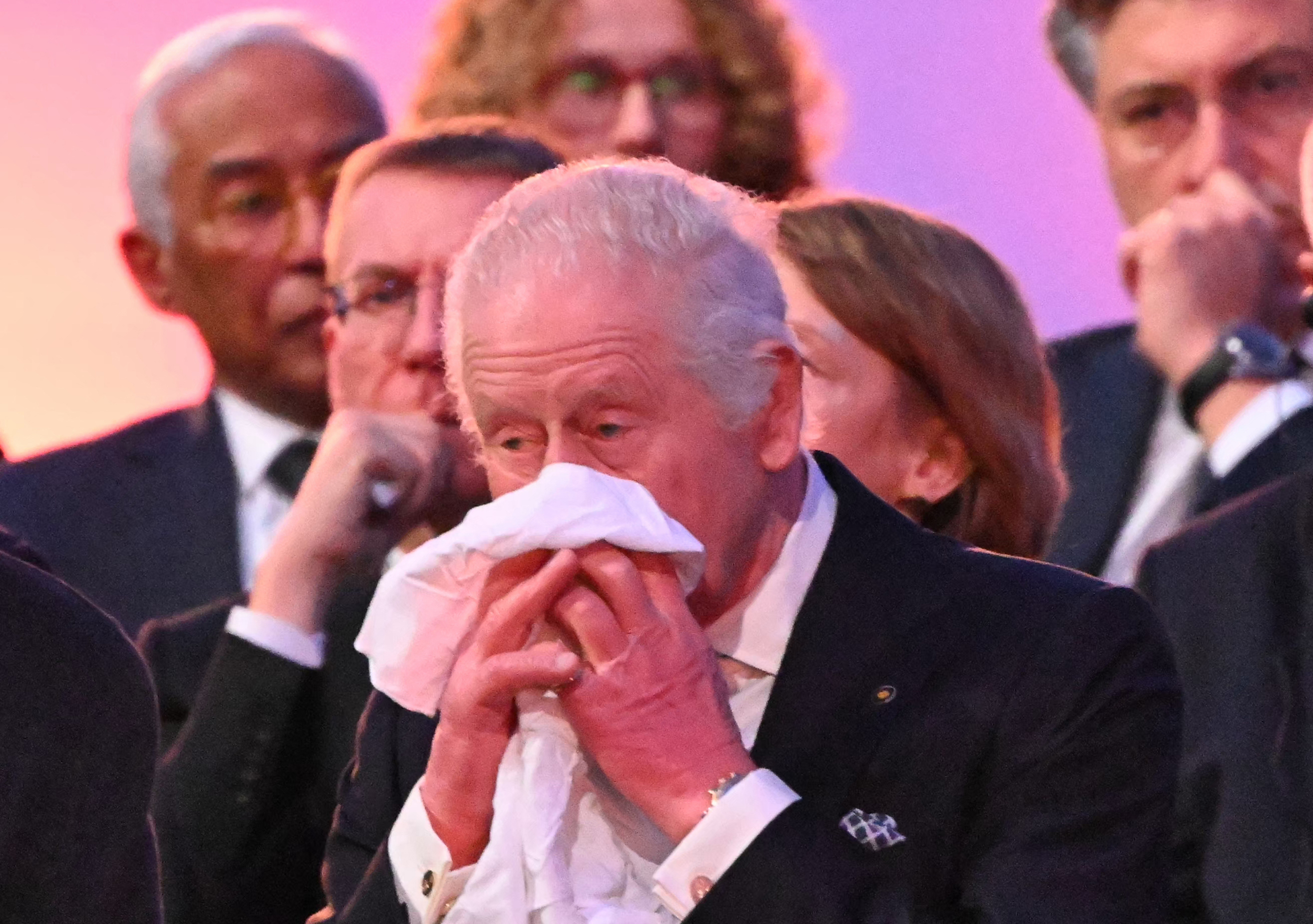 King Charles III wipes his nose after he took his seat for commemorations on the 80th anniversary of the liberation of the German Nazi concentration and extermination camp Auschwitz-Birkenau by the Red Army, in Oswiecim, Poland, on January 27, 2025 | Source: Getty Images