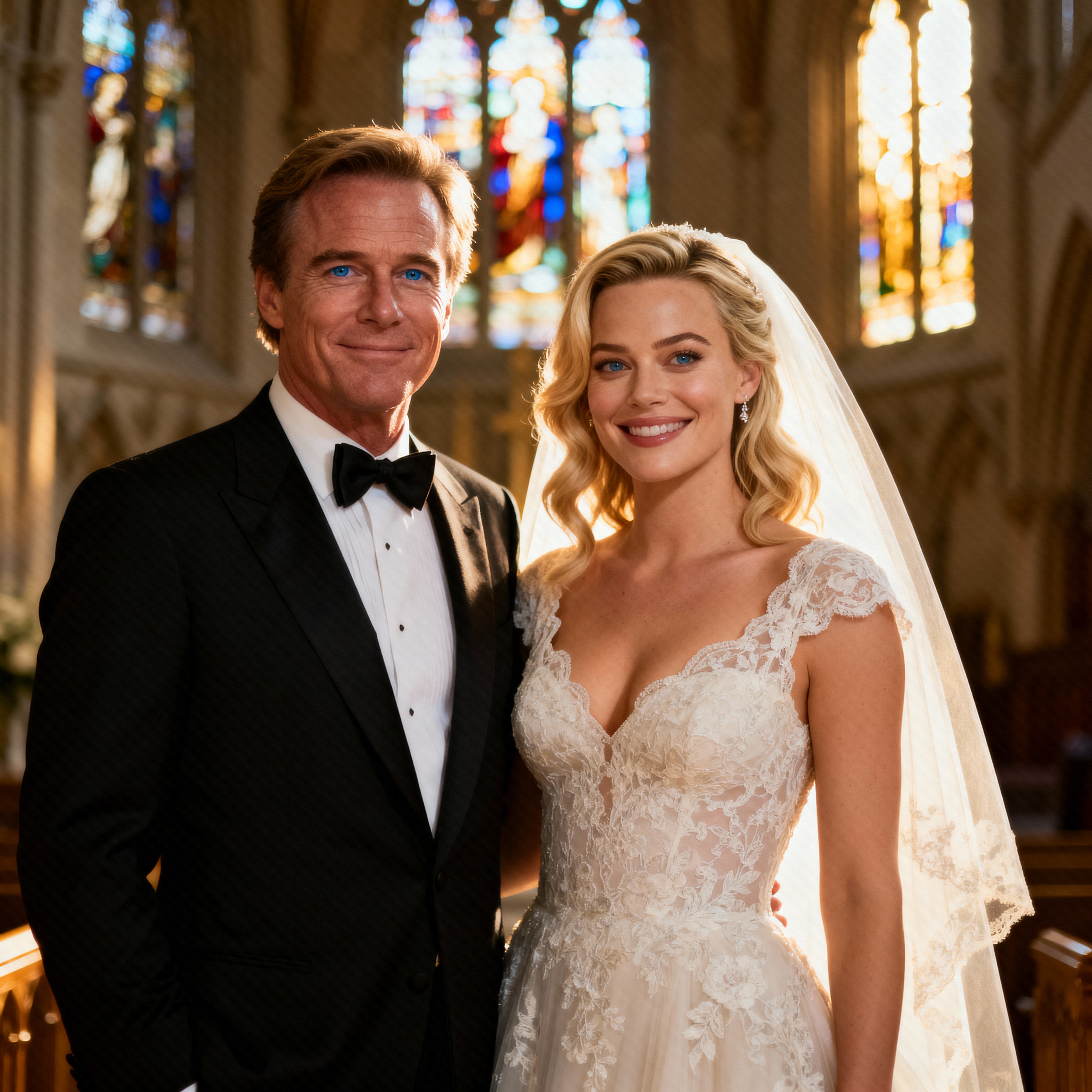 Margot Robbie's satin elegance pairs with Paul Newman's blue-eyed allure | Source: Grok AI