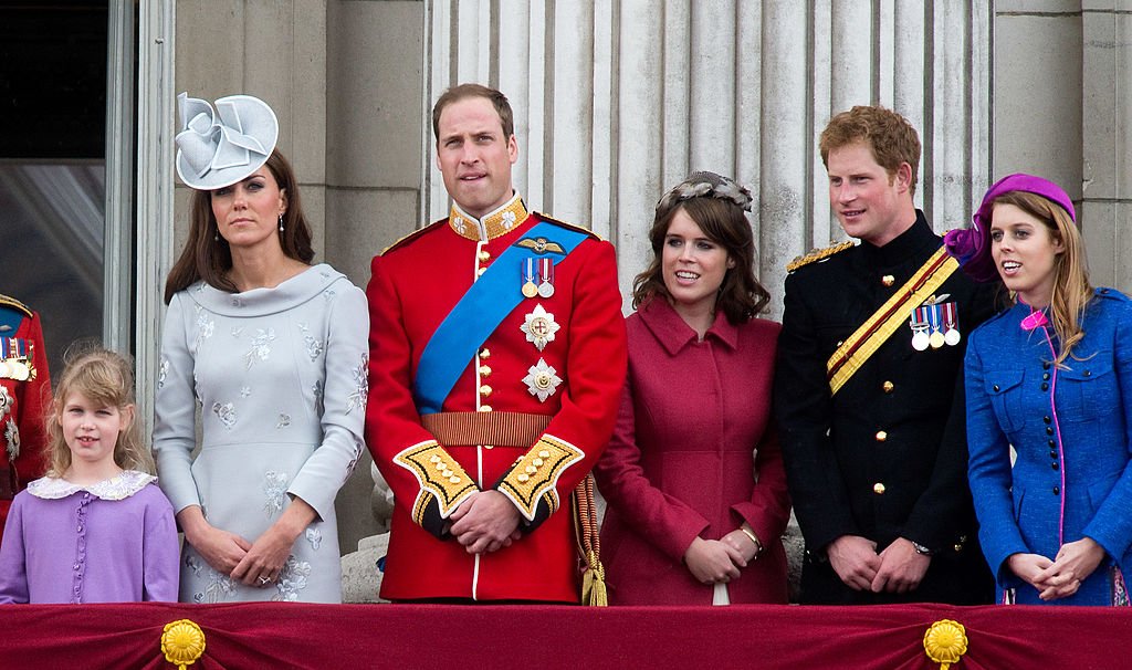 (L-R) Lady Louise Windsor, Catherine, Duchess of Cambridge, Prince William, Duke of Cambridge, Princess Eugenie, Prince Harry and Princess Beatrice Buckingham Palace's balcony as they attend the Trooping the Colour ceremony on June 16, 2012 in London, England. | Source: Getty Images