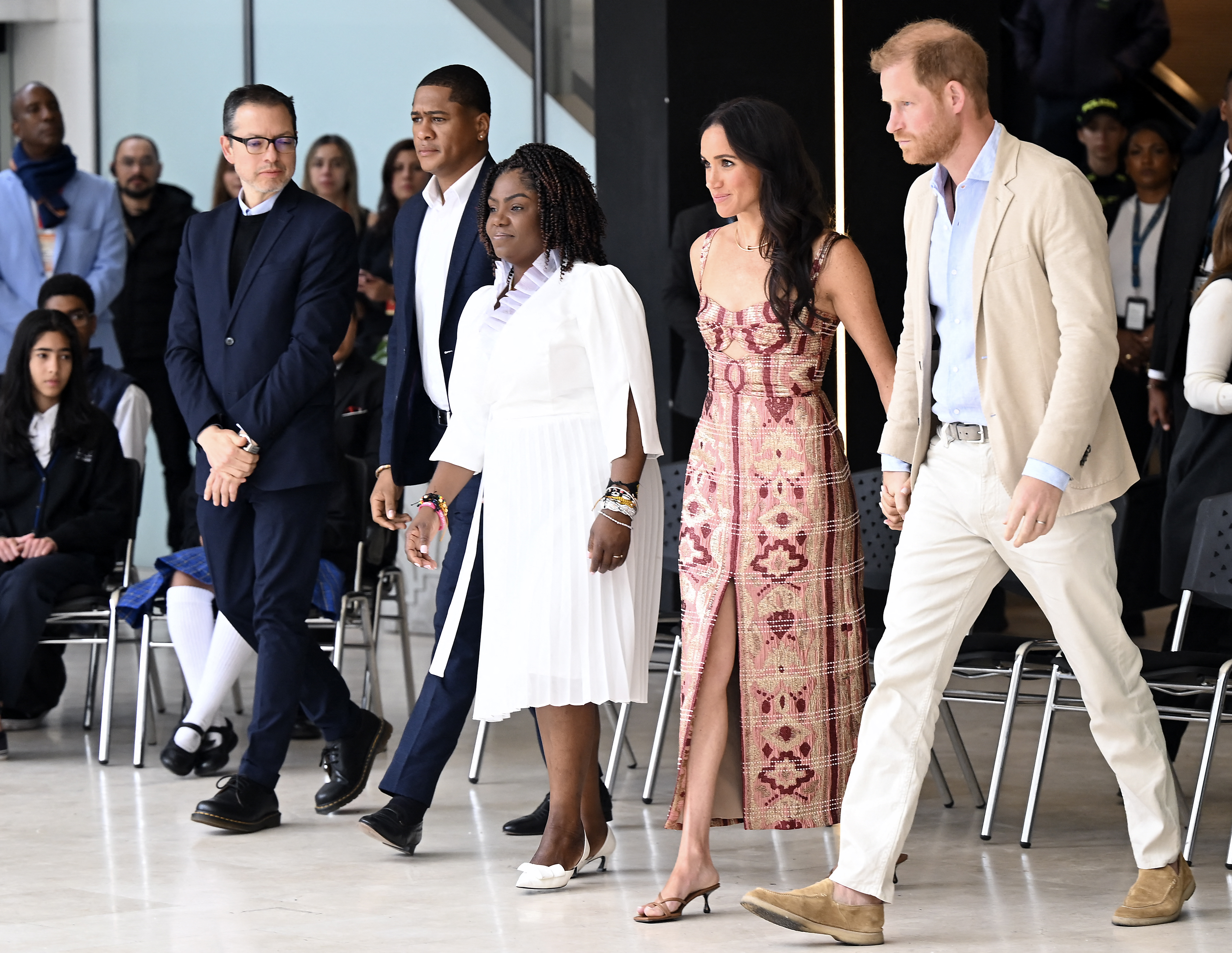 Colombia's Culture Minister Juan David Correa, Yerney Pinillo, Vice President Francia Márquez, Meghan Markle, and Prince Harry at the Centro Nacional de las Artes Delia Zapata in Bogotá on August 15, 2024 | Source: Getty Images