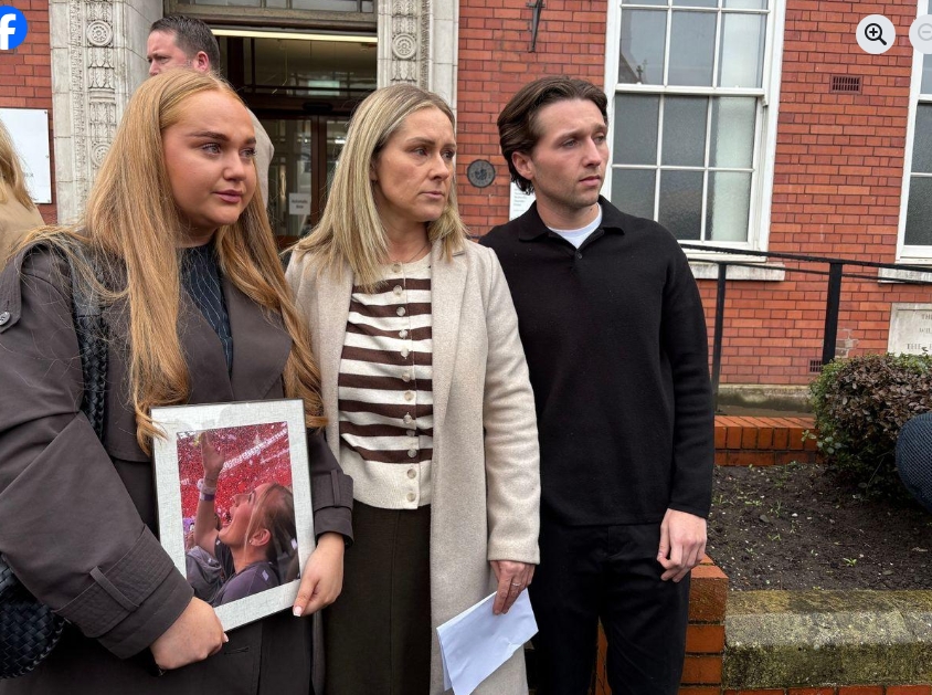 Lucy Harrison's loved ones outside court, holding a framed photograph of her as proceedings continued at Cheshire Coroner's Court. | Source: Facebook/The Mirror