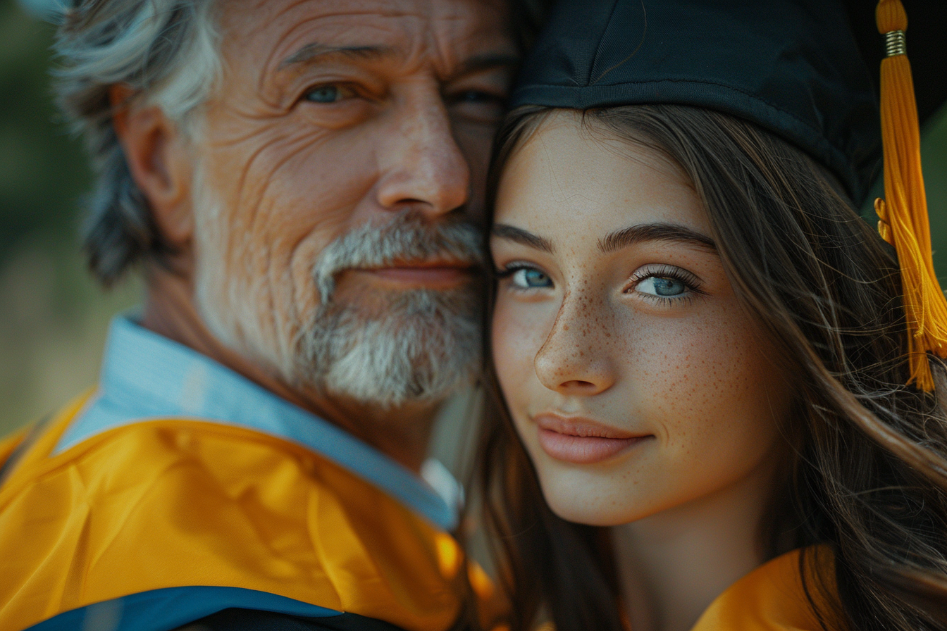 Young girl in graduation attire posing with older man | Source: Midjourney