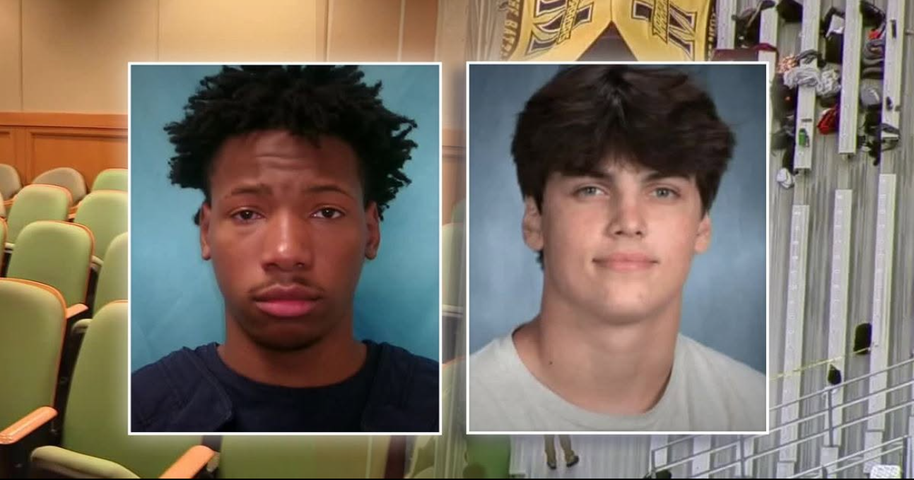 Karmelo Anthony (left) and Austin Metcalf are seen in photos displayed during coverage of Anthony's murder case. | Source: Facebook/Fox 32 Chicago
