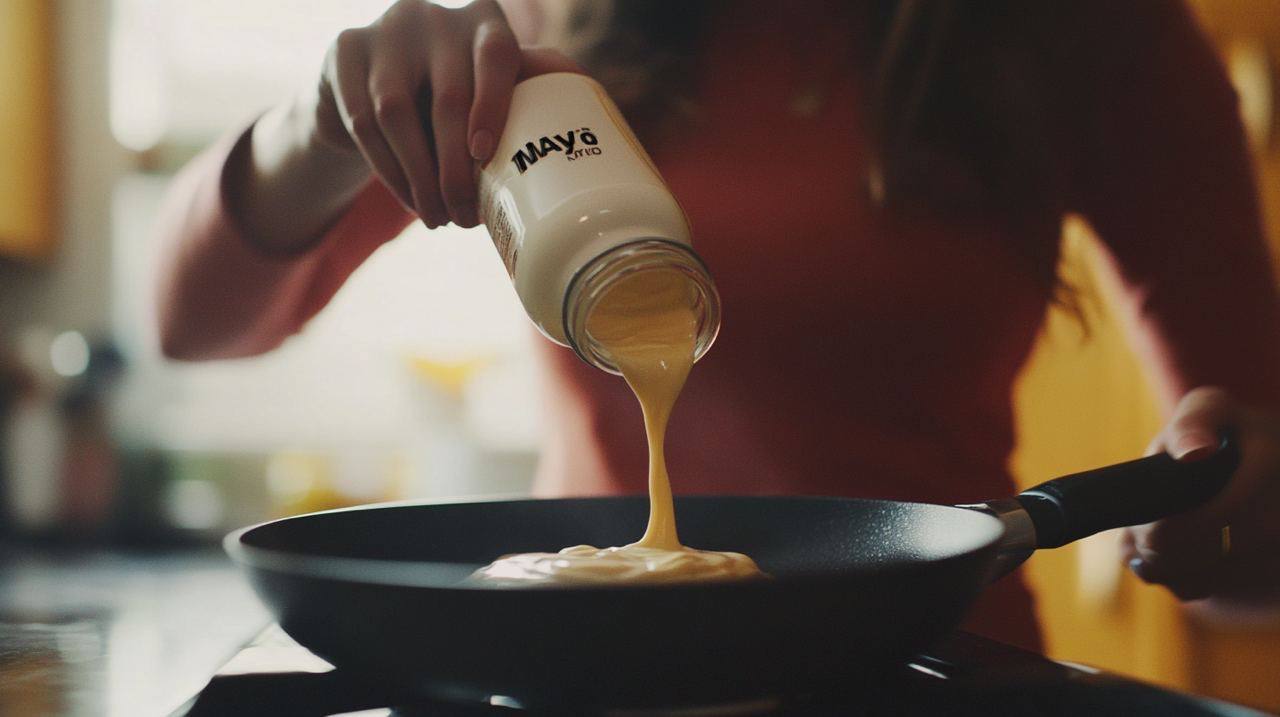 Woman pouring mayo on the frying pan | Source: Midjourney