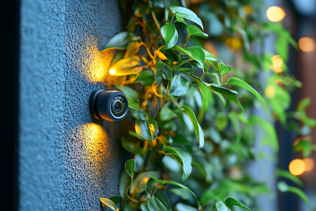 A tiny camera installed on the wall near a plant | Source: Midjourney