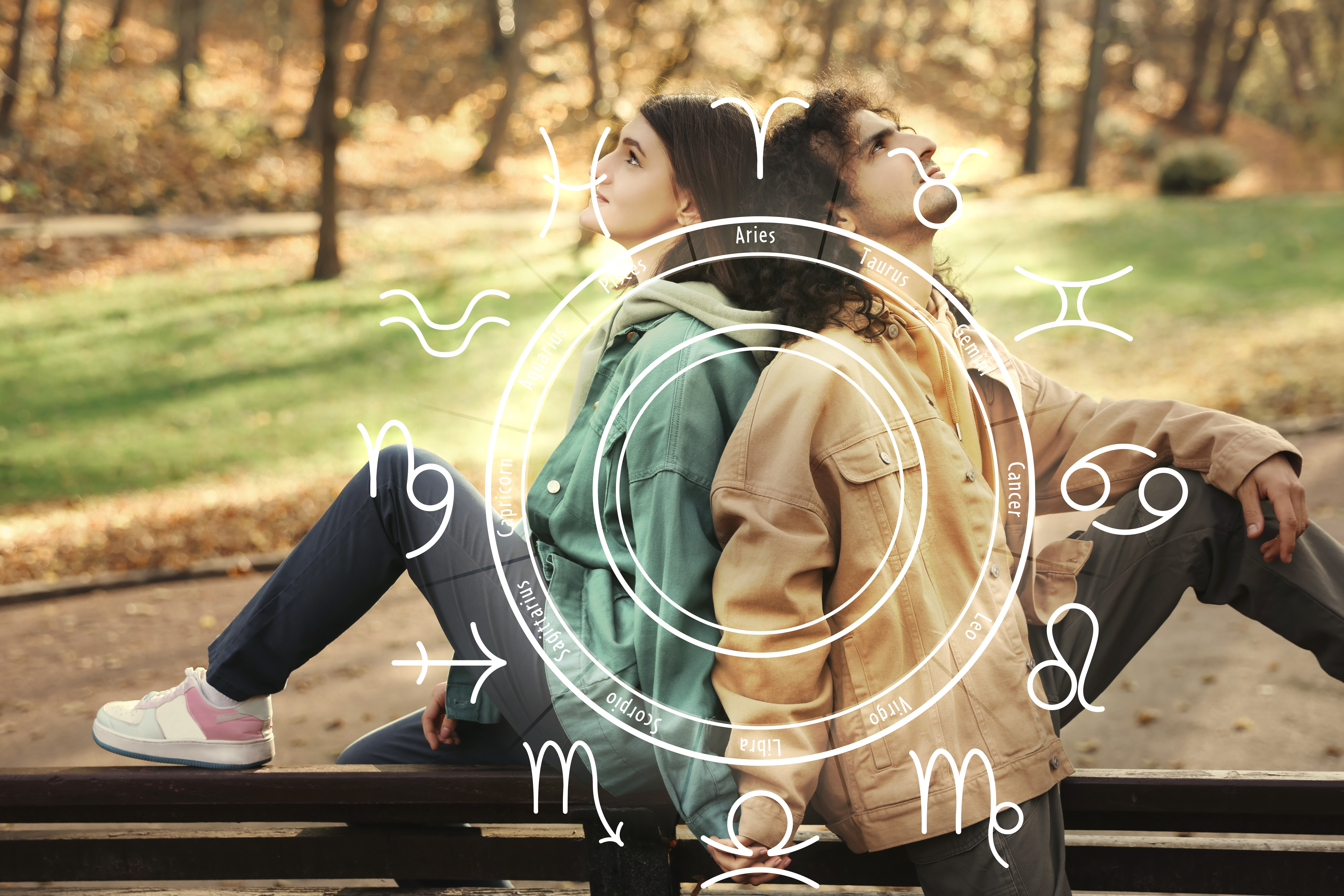 Horoscope compatibility. Loving couple outdoors and zodiac wheel | Source: Shutterstock