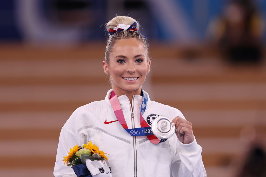 United States Athlete MyKayla Skinner posing with her silver medal on the podium during the Women's Vault Final medal ceremony of the 2020 Tokyo Olympic Games in Tokyo, Japan | Photo: Laurence Griffiths/Getty Images