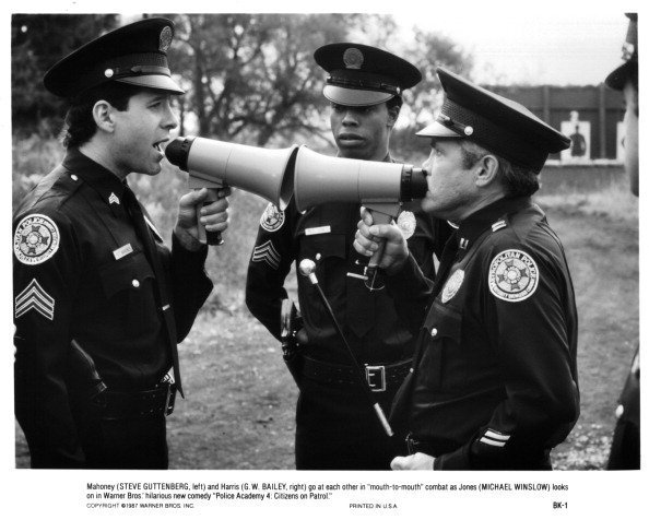 Steve Guttenberg, Michael Winslow and G.W. Bailey on set of the movie "Police Academy" circa 1987 | Photo: Getty Images