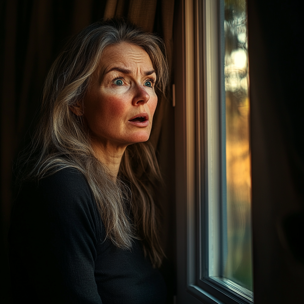 A shocked and upset woman standing near the window | Source: Midjourney